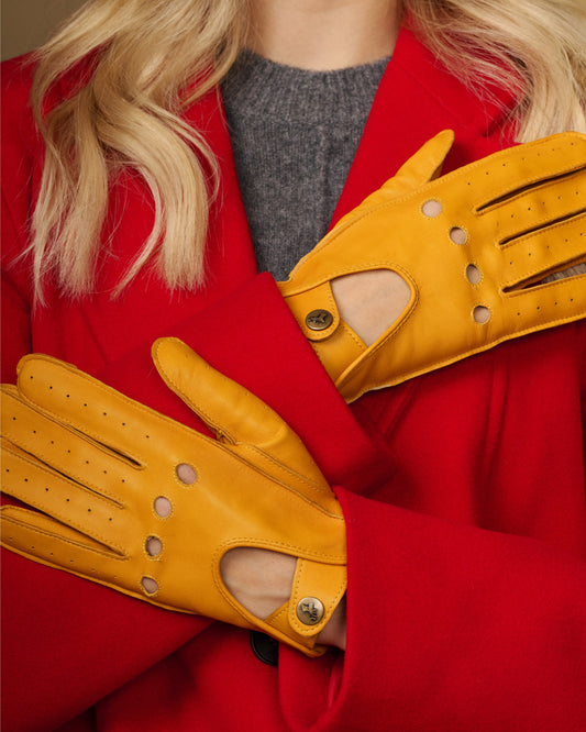 Yellow lambskin driving gloves, perforated details and touchscreen finger pad