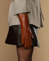 Single extra-long cognac leather glove with rabbit-fur lined cuff