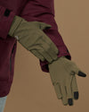 Olive green gloves with black touchscreen fingertips and wrist closures