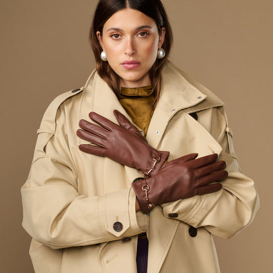 Brown lambskin leather gloves with gold-tone buckle, touchscreen, cashmere lining