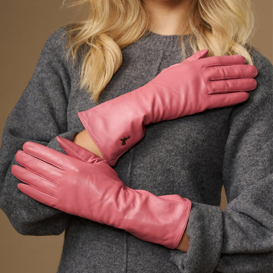 Pink leather gloves with long cuffs and stitched back, touchscreen fingertip panel