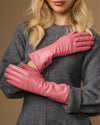 Pink leather gloves with long cuffs and stitched back, touchscreen fingertip panel