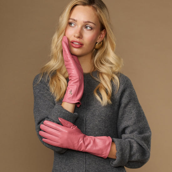 Pink leather gloves with long cuffs, curved thumb, touchscreen fingertips