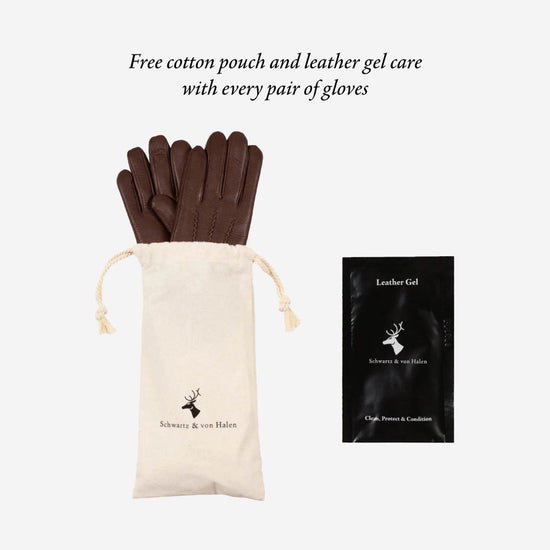 Dark brown leather gloves with cotton pouch and leather care gel