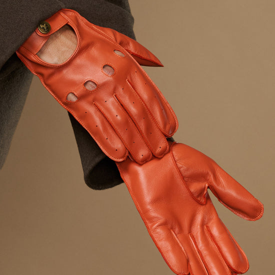 Orange leather touchscreen driving glove, single-hand palm and finger detail