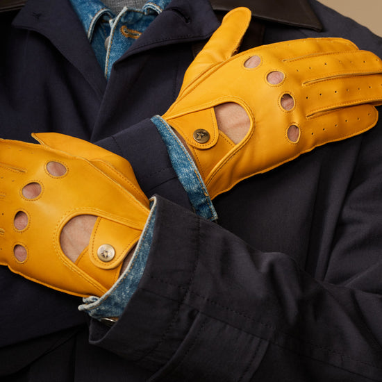 Men's yellow lambskin driving gloves, cuff and back detail with perforations