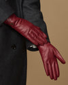 Bordeaux leather gloves for women with long cuff and stitched finger seams