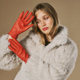 Ivy (oranje) – Dames handschoenen van nappaleer met kasjmier-wol voering en touchscreen-functie
