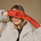 Ivy (oranje) – Dames handschoenen van nappaleer met kasjmier-wol voering en touchscreen-functie