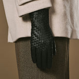 Josephine (zwart) – Dames handschoenen met basketweave-patroon, wollen voering en touchscreen-functie