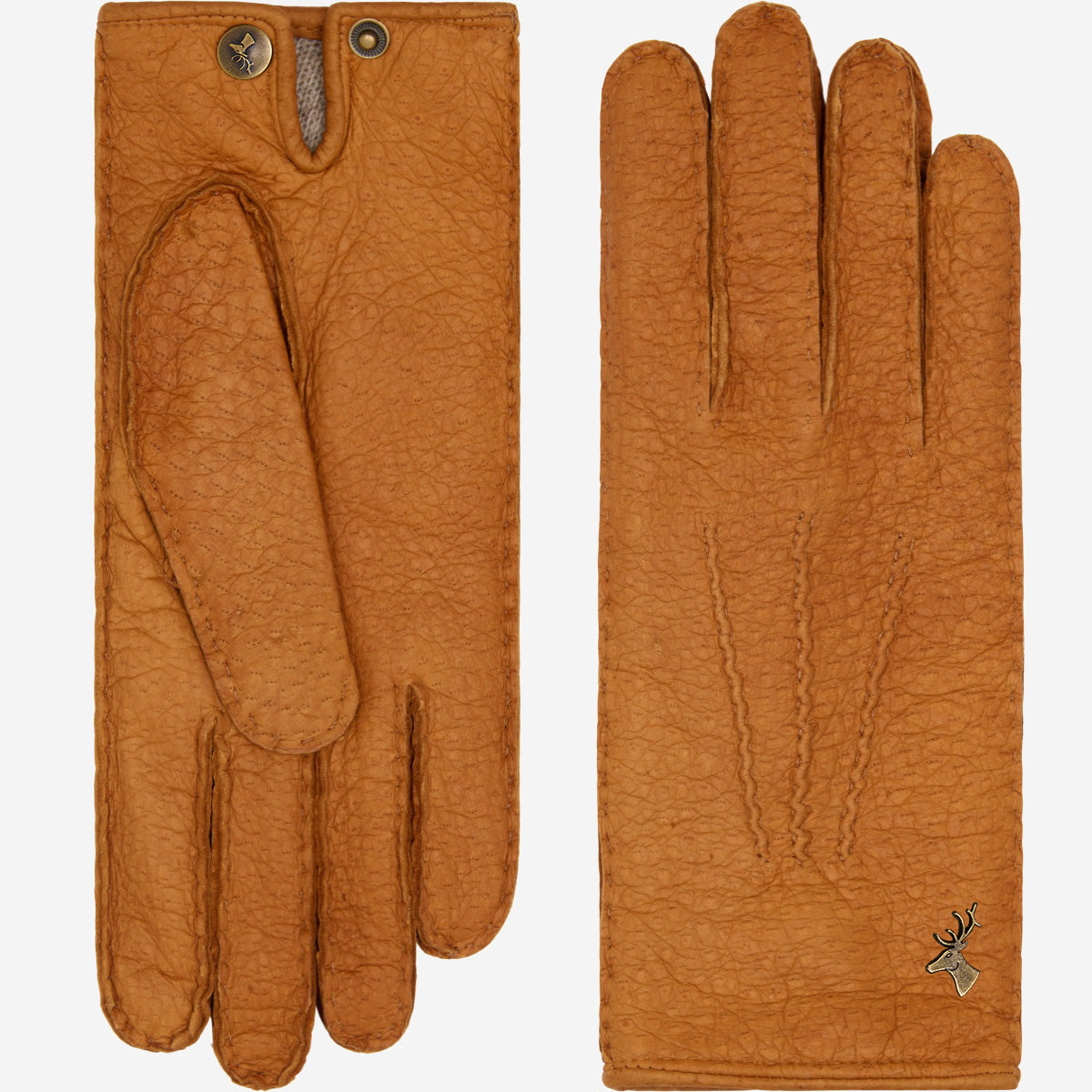 Cognac women’s leather gloves, textured finish with stitched center seams