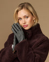 Women's herringbone tweed gloves with black leather palm and striped cuff
