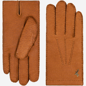 Pair of cognac brown men’s peccary leather gloves with stitched finger seams