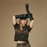 Rosemary (zwart) – Extra lange dames handschoenen van lamsleer met zijden voering en touchscreen-functie