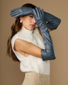 Women's grey leather gloves with silk lining; touchscreen fingertips, cuff-to-wrist fit
