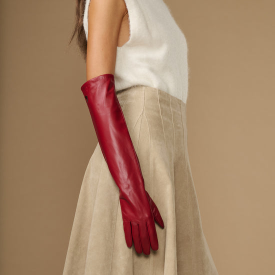 Red leather elbow gloves with long cuff and fitted finger panels