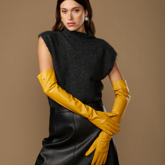 Yellow lambskin leather opera gloves, long fitted style with smooth finish