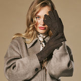 Roxanne (bruin) – Dames patchwork handschoenen van schapenleer met warme schapenvacht voering