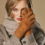 Roxanne (camel) – Dames patchwork handschoenen van schapenleer met warme schapenvacht voering