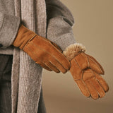 Roxanne (camel) – Dames patchwork handschoenen van schapenleer met warme schapenvacht voering