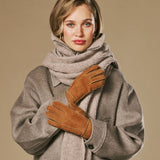 Roxanne (camel) – Dames patchwork handschoenen van schapenleer met warme schapenvacht voering