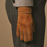 Roxanne (camel) – Dames patchwork handschoenen van schapenleer met warme schapenvacht voering