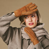 Roxanne (camel) – Dames patchwork handschoenen van schapenleer met warme schapenvacht voering