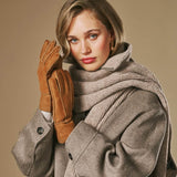 Roxanne (camel) – Dames patchwork handschoenen van schapenleer met warme schapenvacht voering