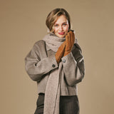 Roxanne (camel) – Dames patchwork handschoenen van schapenleer met warme schapenvacht voering