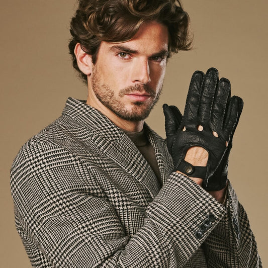 Silvio (noir) - Gants de conduite exclusifs en cuir de pécari pour homme