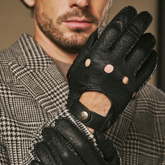 Silvio (noir) - Gants de conduite exclusifs en cuir de pécari pour homme
