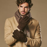 Taylor (bruin) – Heren patchwork handschoenen van schapenleer met warme schapenvacht voering