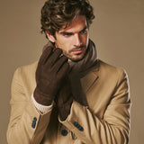 Taylor (bruin) – Heren patchwork handschoenen van schapenleer met warme schapenvacht voering