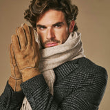 Taylor (camel) – Heren patchwork handschoenen van schapenleer met warme schapenvacht voering