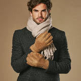 Taylor (camel) – Heren patchwork handschoenen van schapenleer met warme schapenvacht voering