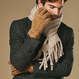 Taylor (camel) – Heren patchwork handschoenen van schapenleer met warme schapenvacht voering