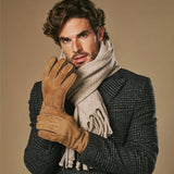 Taylor (camel) – Heren patchwork handschoenen van schapenleer met warme schapenvacht voering