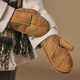 Veronica (camel) - Dames patchwork wanten van schapenleer met warme schapenvacht voering