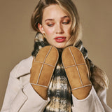 Veronica (camel) - Dames patchwork wanten van schapenleer met warme schapenvacht voering