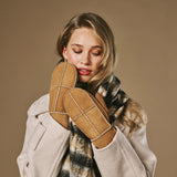 Veronica (camel) - Dames patchwork wanten van schapenleer met warme schapenvacht voering