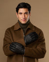 Black goatskin leather gloves with warm fleece lining and press-stud cuff