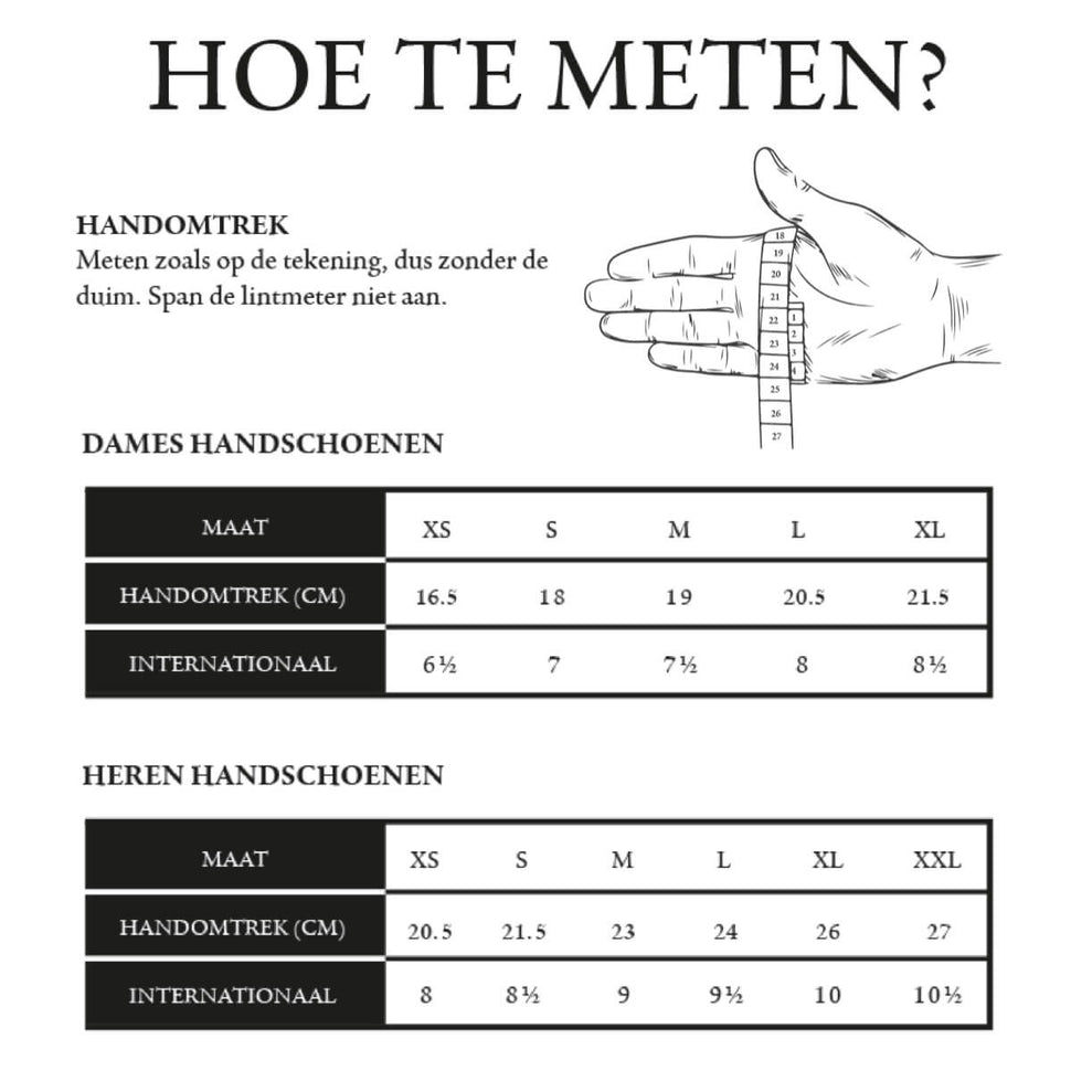 Suède Leren Handschoenen Dames Zwart – Premium Leren Handschoenen – Designed in Amsterdam – Schwartz & von Halen® - maattabel